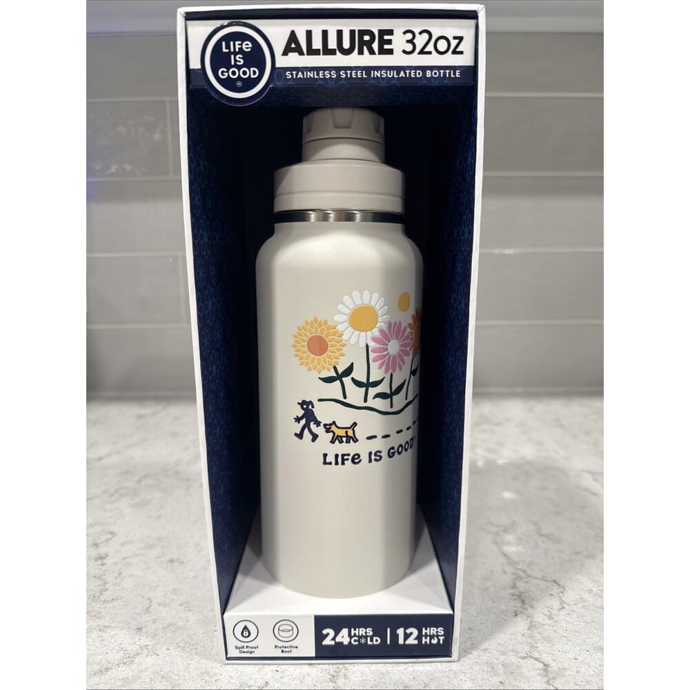 SUNFLOWERS & DOG Life Is Good Hot/Cold 32oz ALLURE Travel Mug Thermos Steel NEW